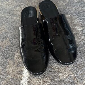 Tory Burch Black Patent Leather Slip-On Mules with Gold Accent